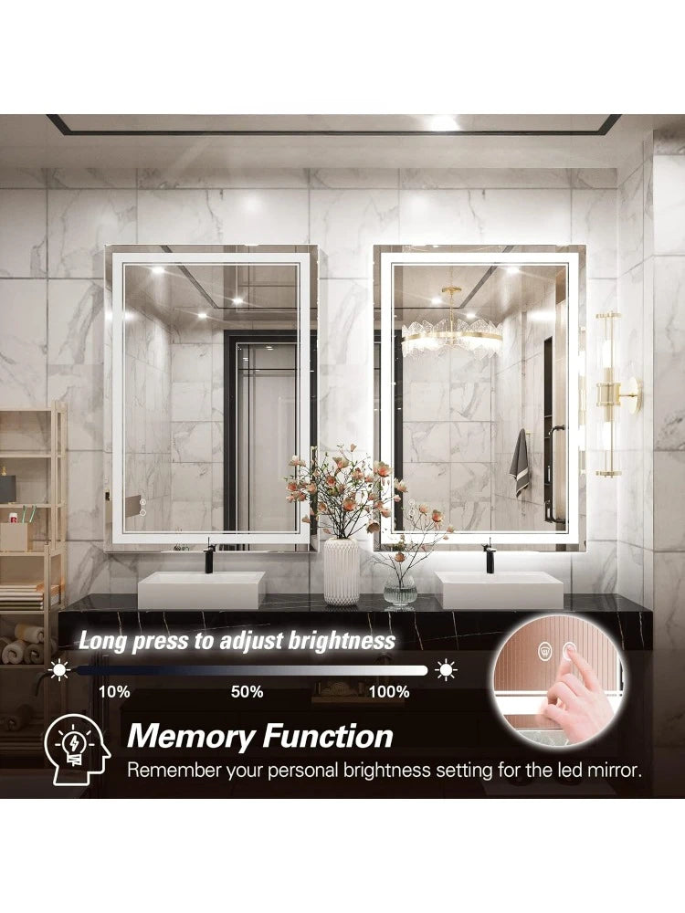 40 x 28 Inch Wall Mounted Anti-Fog Dimmable Memory Frontlit Makeup Mirror, Tempered Glass, CRI 90+ (Vertical or Horizontal)