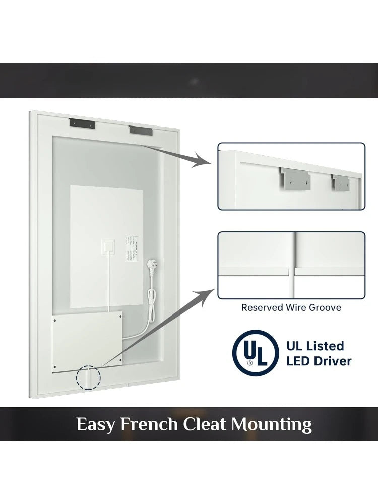 40 x 28 Inch Wall Mounted Anti-Fog Dimmable Memory Frontlit Makeup Mirror, Tempered Glass, CRI 90+ (Vertical or Horizontal)