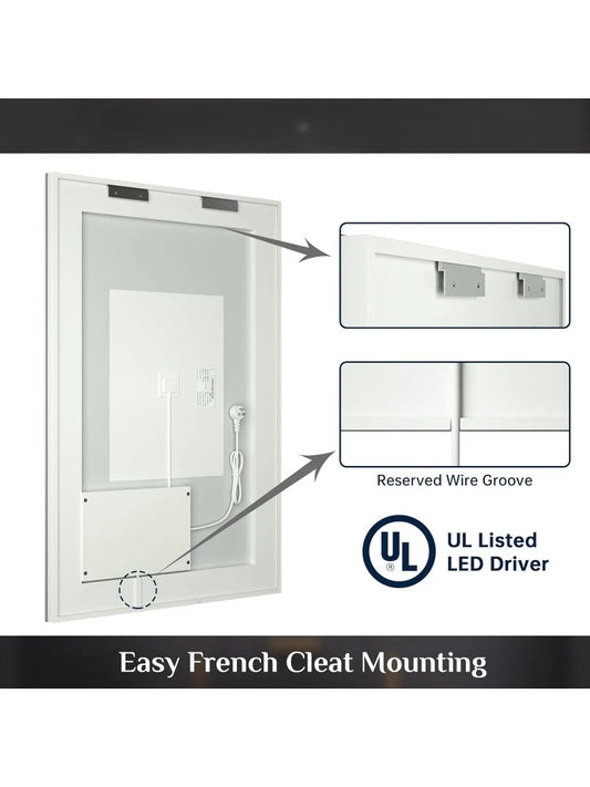 40 x 28 Inch  Wall Mounted Anti-Fog Dimmable Memory Frontlit Makeup Mirror, Tempered Glass, CRI 90+ (Vertical or Horizontal)